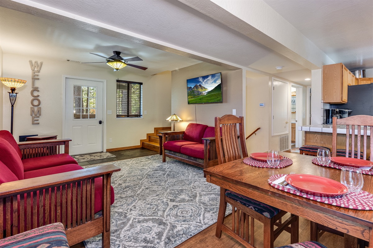 2nd floor living room with propane fireplace, SMART TV and DVD player.