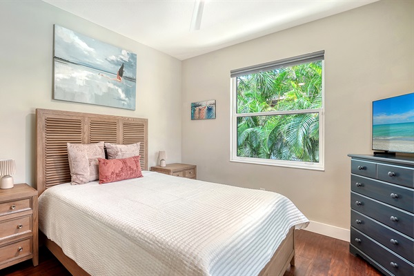 2nd Queen bedroom with hybrid mattress, plenty of hangers in the closet, and the best pool view