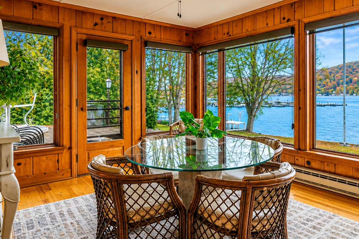 Cozy sun room for morning coffee or evening wine
