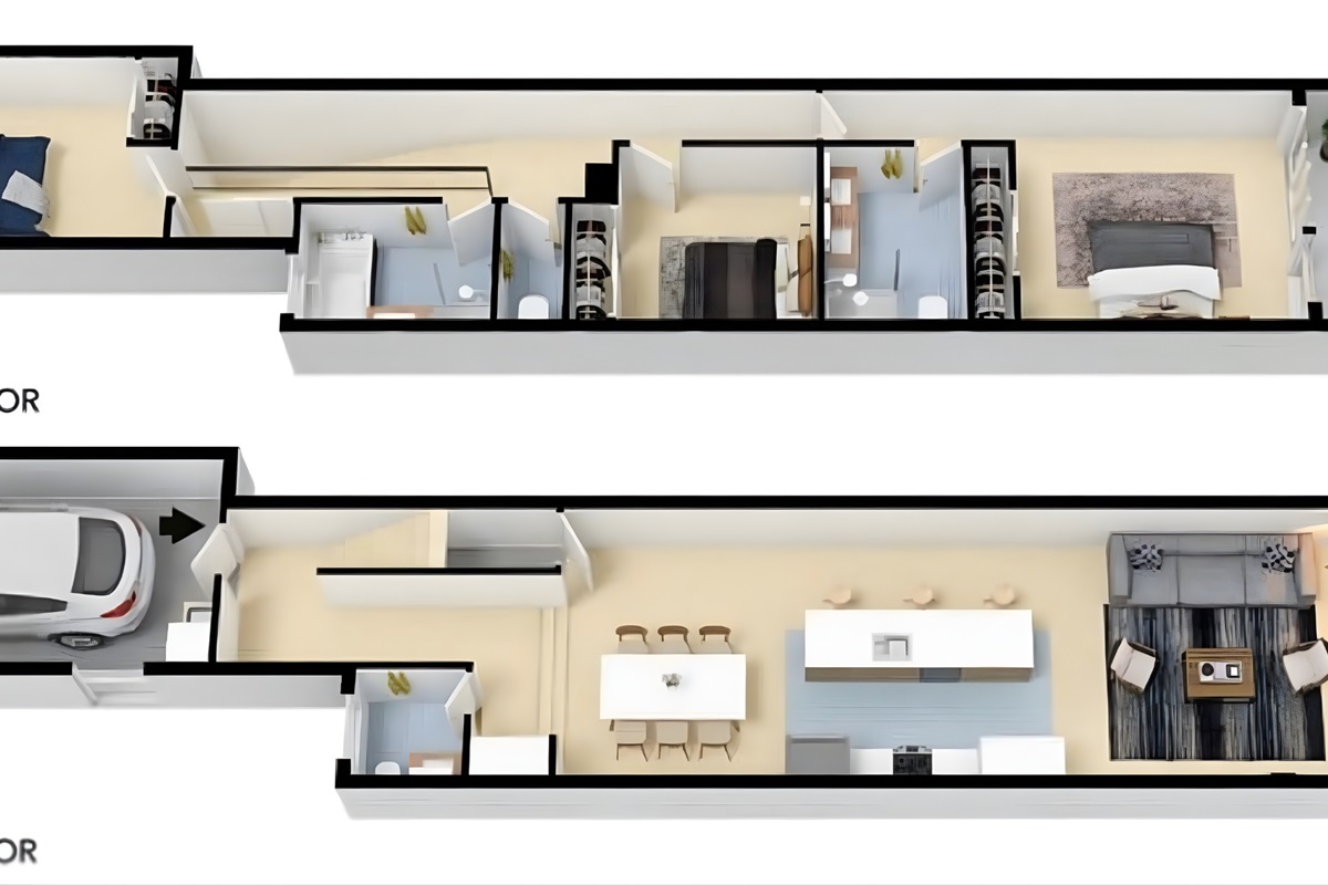 Lower level: carapace in driveway, single lock up garage, guest powder room, entry, dining, kitchen, lounge room, through to the deck and private tropical garden.  Level 1: 3 large bedrooms, ensuite, main bath, separate toilet, private balcony.