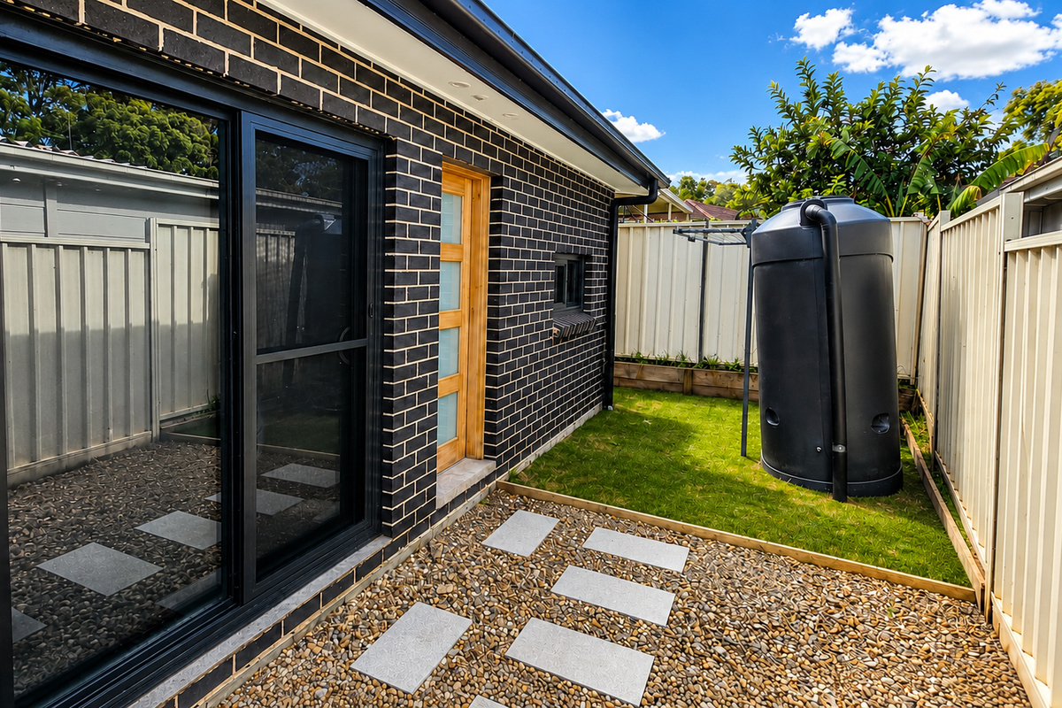 The exterior includes a timber entry door, pebble pathway, grassed strip, fencing and rainwater tank.