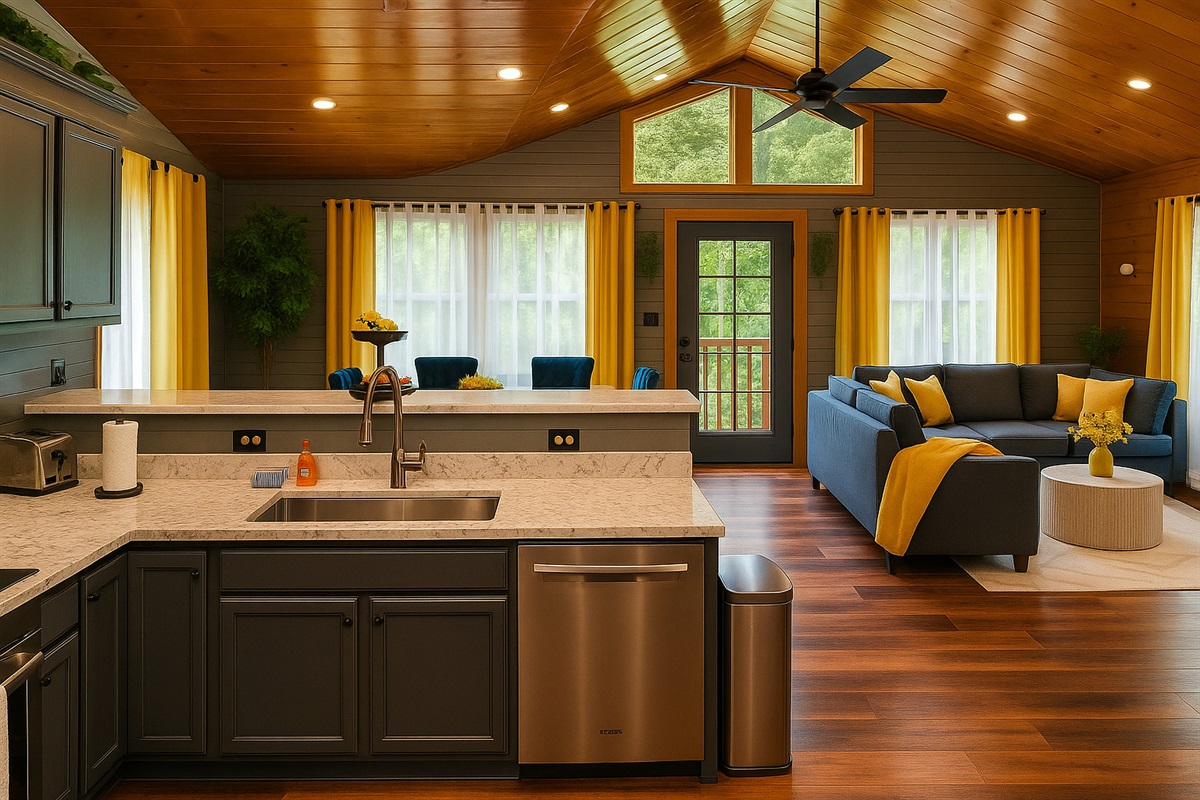 Brightly lit open floor plan with kitchen, dining and living all in one place. It's far more spacious in person  