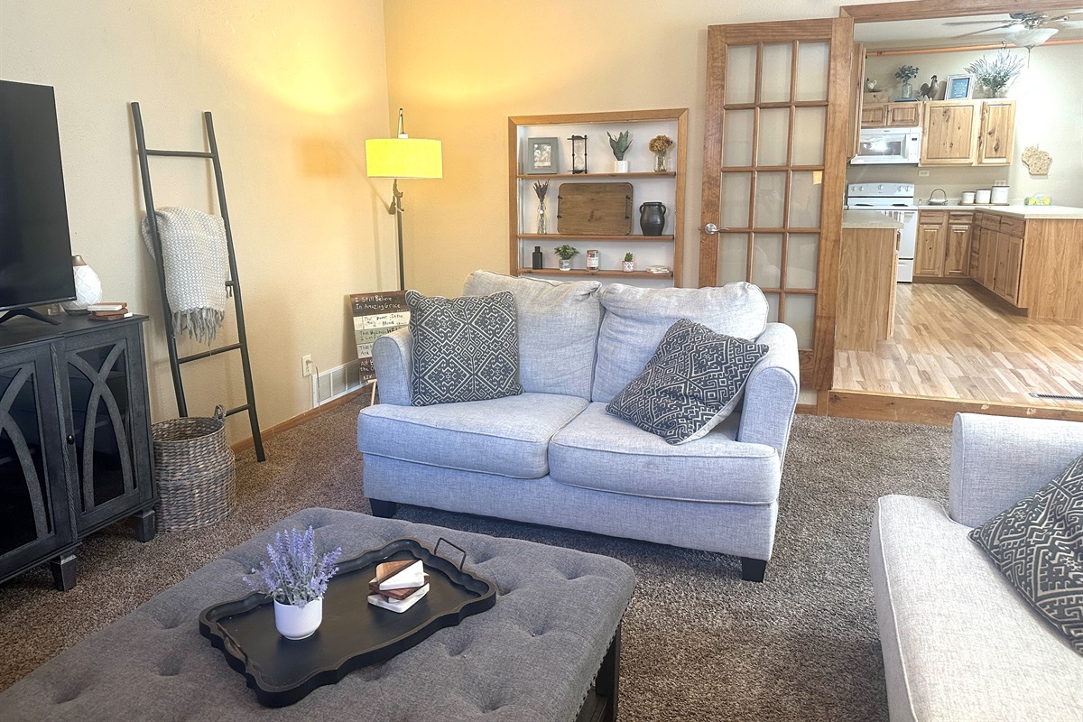 The living room, kitchen and jacuzzi bath are upstairs.