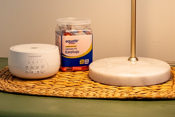 white noise maching and ear plugs for wild rooster sounds in the morning