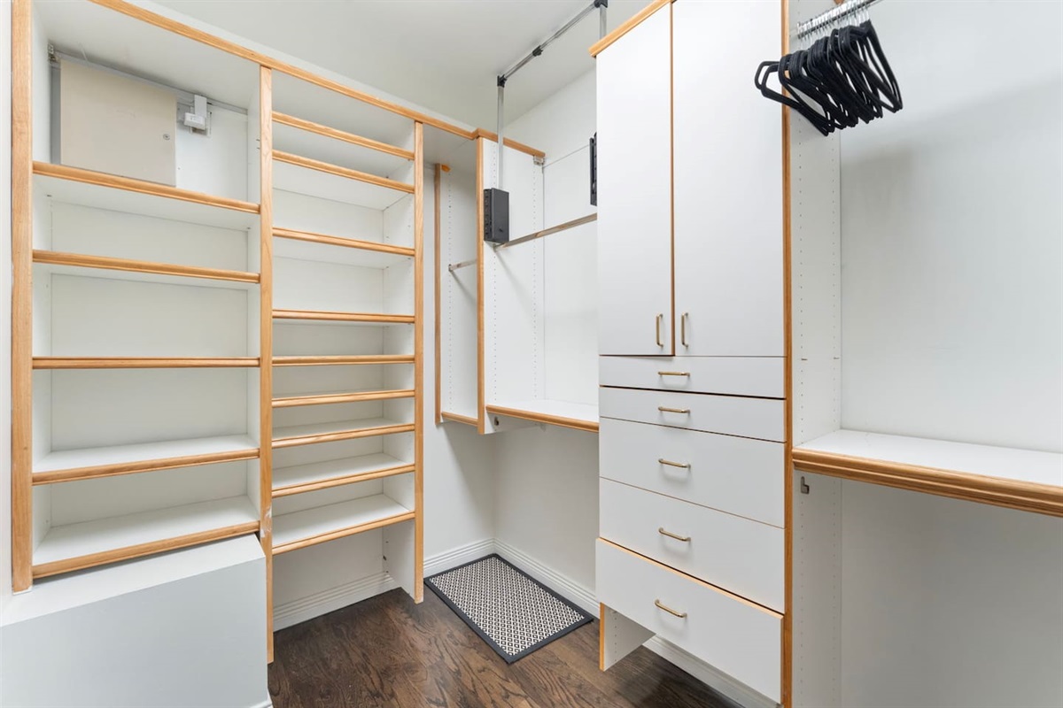 Stay organized during your stay with a large, custom walk-in closet and ample shelving.
