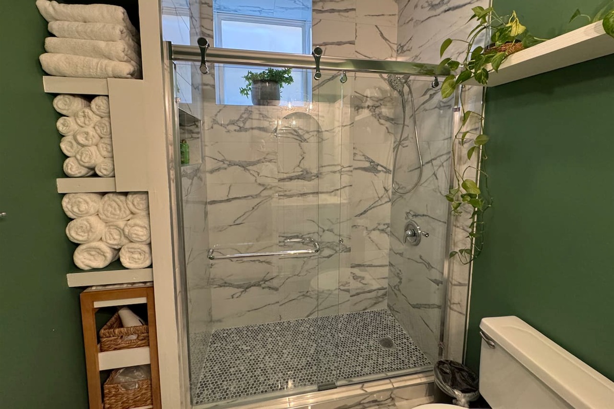 Bathroom with marble tile shower and spa-like design.