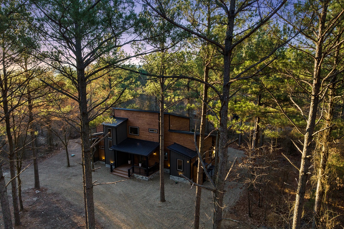 Modern cabin retreat tucked among towering pines for ultimate privacy and tranquility.