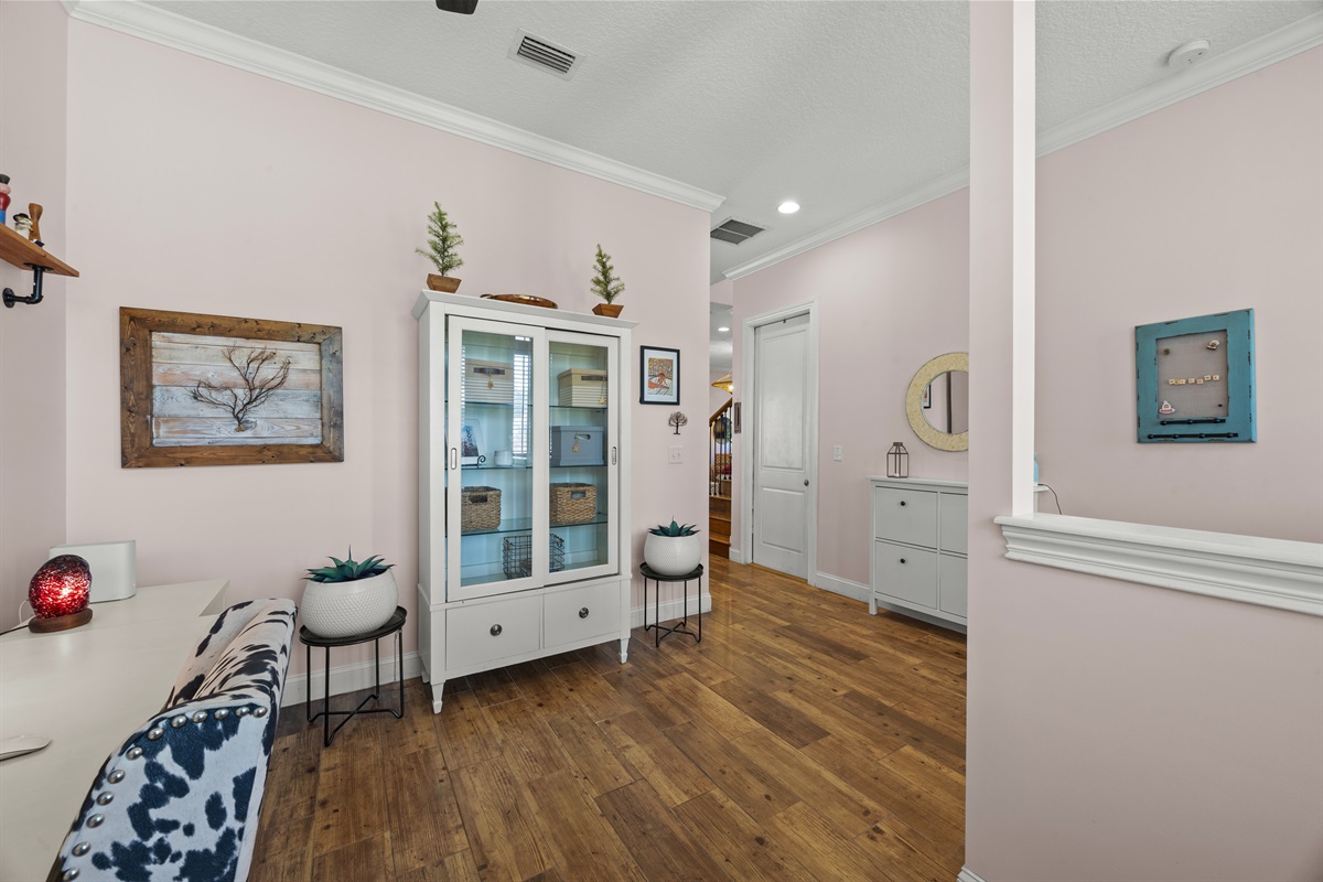 Chic office nook with organized storage and modern décor — great for working or studying.