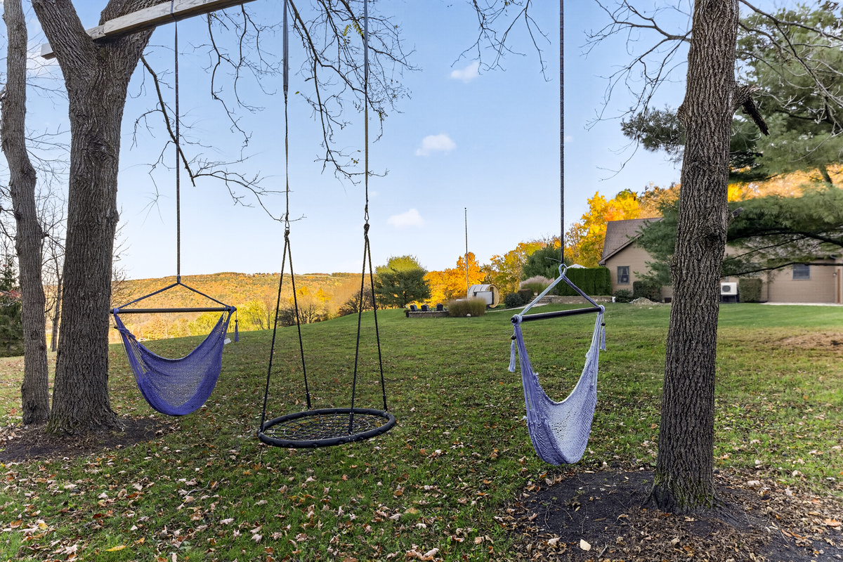 Hanging swings beneath trees overlooking the lawn