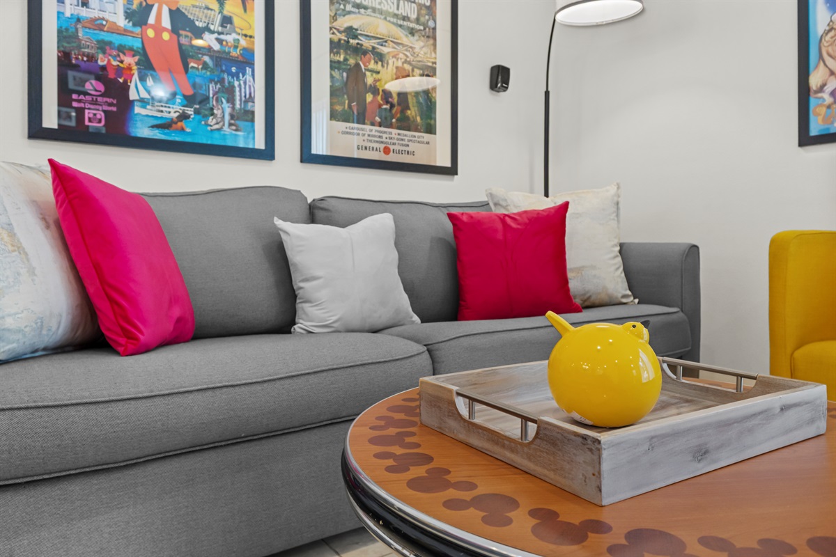 Comfortable seating area with smart TV — perfect for relaxing after theme park days