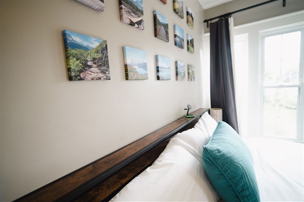 Bedroom (Main) is out adventure room full of photos from hikes you can do ALL around the World.  Here you'll have a TV, charging bed, closet, and oversized King Bed to sleep in.
