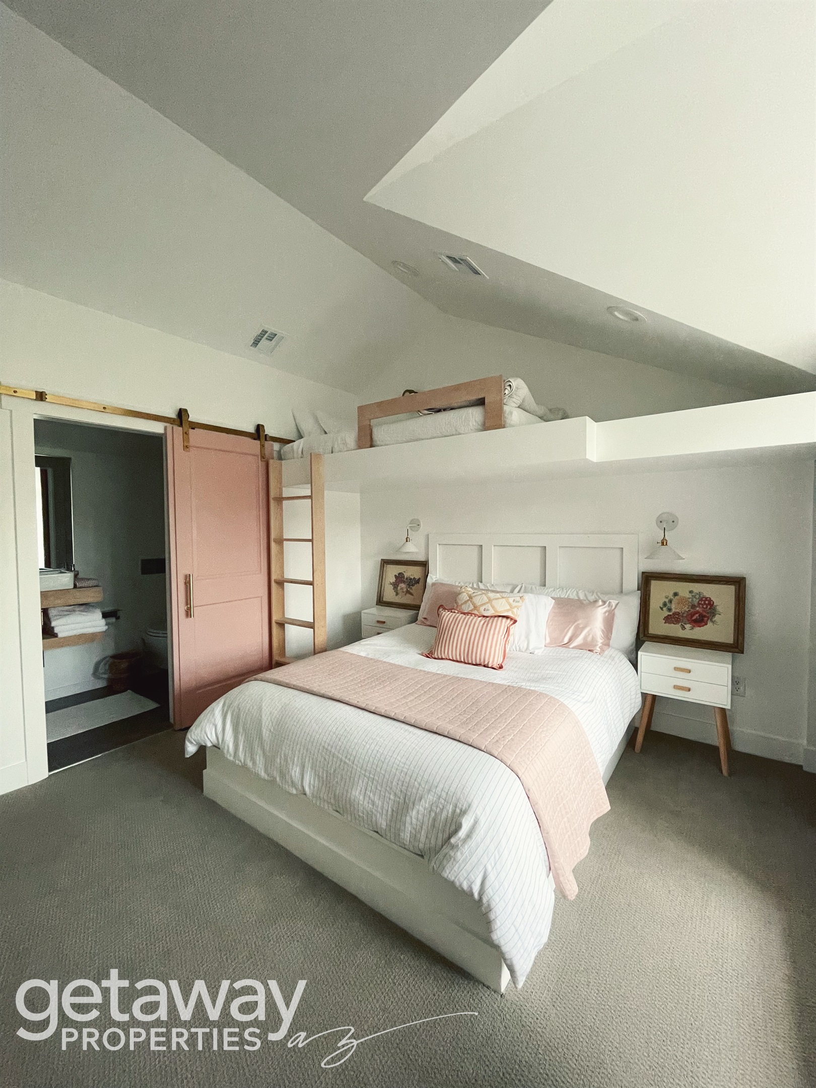 queen bed, loft twin with private bath