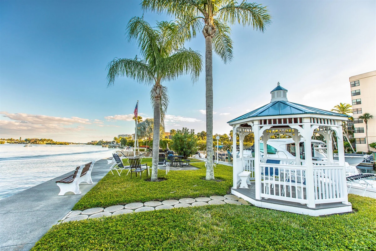 Charming waterfront gazebo—perfect for quiet moments and sunset views.