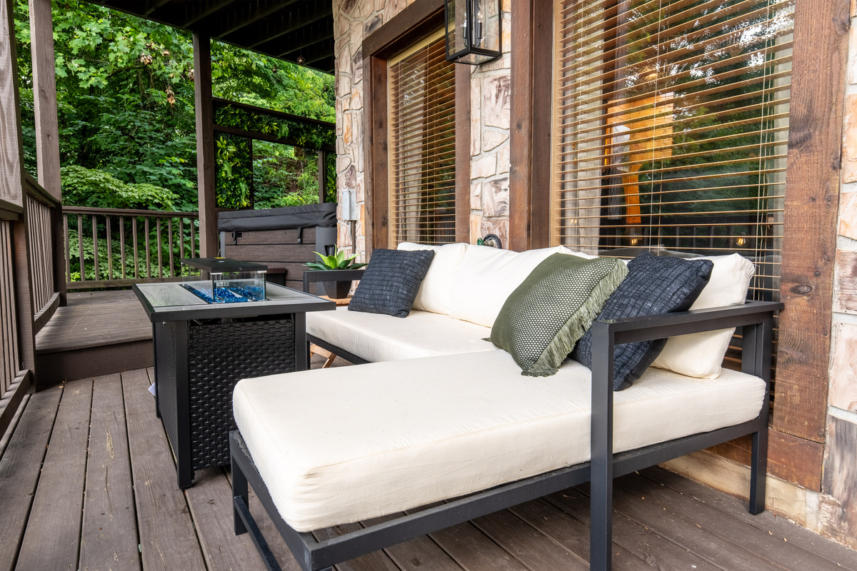 A gas firepit with patio seating.  Guests have a great time by the fire and making s'mores.