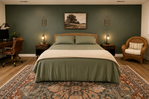 Large basement bedroom with a king bed, sitting area, workspace and plenty of room to unwind.