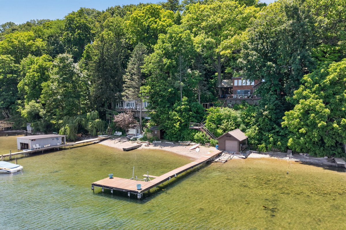 Lakeside dock surrounded by shallow water