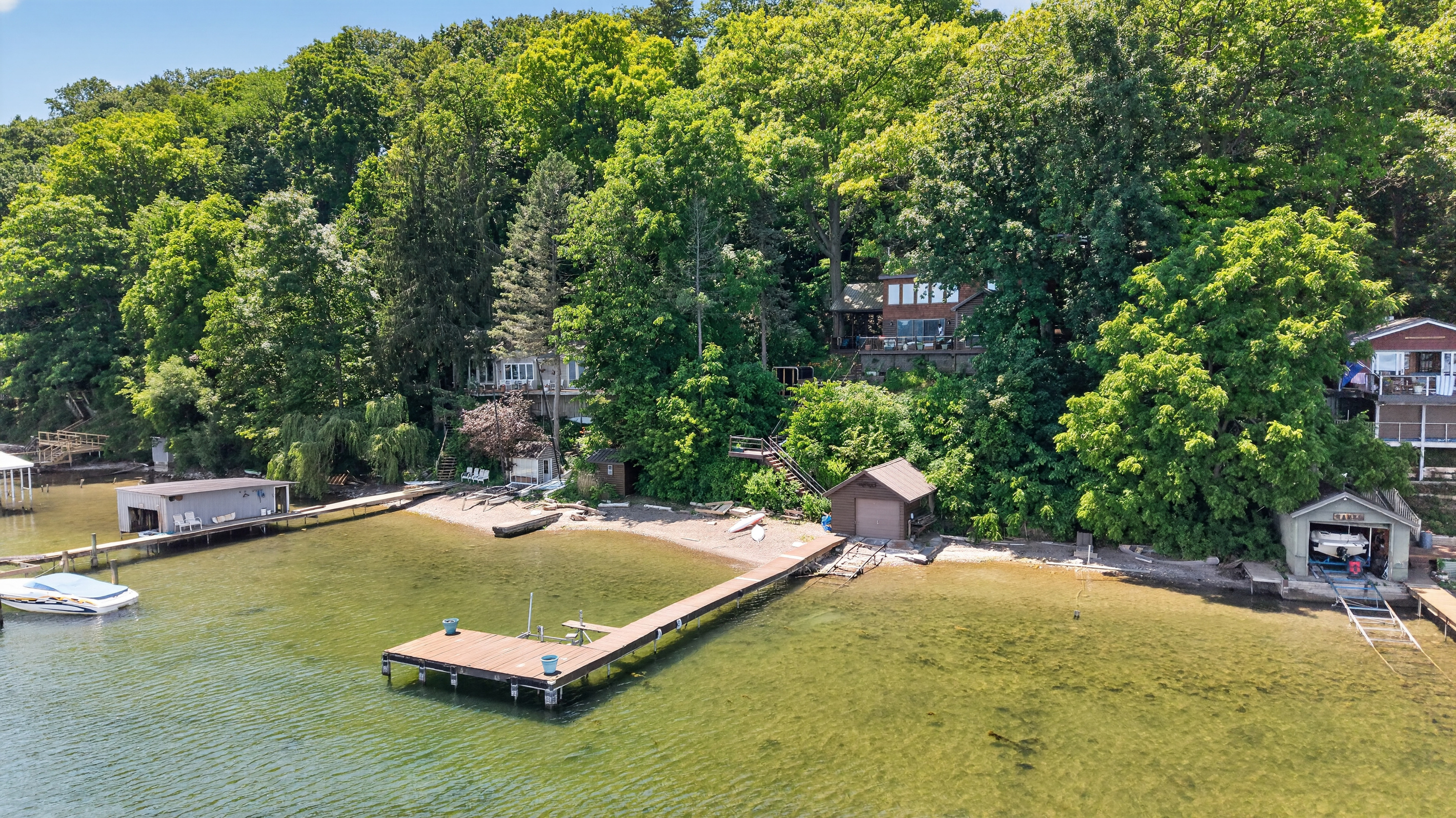 Lakeside dock surrounded by shallow water