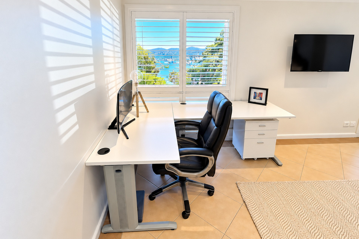 A dedicated workspace with a desk, office chair and monitor, with shutters opening to water views.