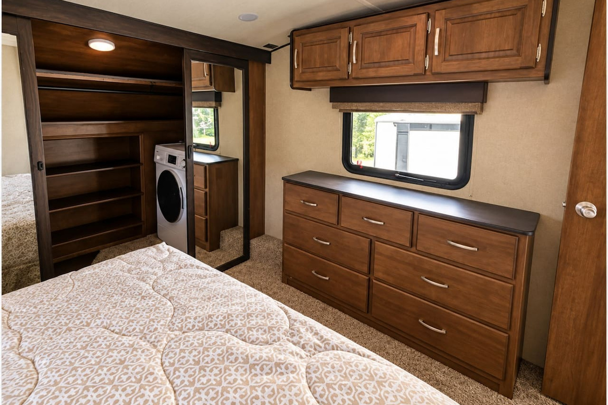 Bedroom with queen sized bed, bureau and closet with washing machine
