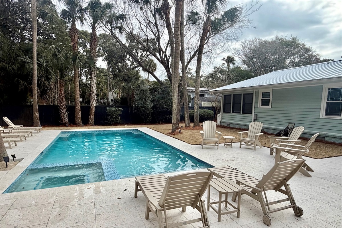 Private Heated Pool is 15 ft wide by 30 ft long.  Pool is 3 ft-6 ft deep.  Hot tub is 6 ft x 6 ft. | IOP Escapes The Beach Blessing | 3705 Hartnett Blvd, Isle of Palms, SC