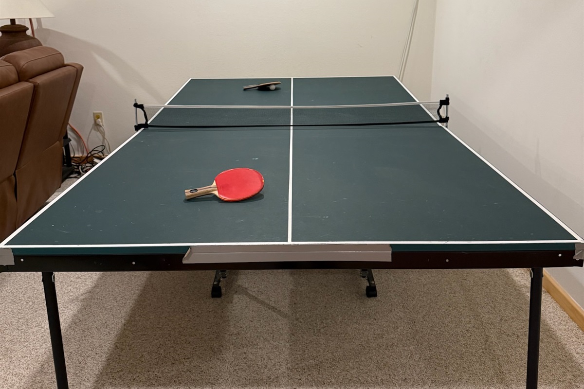 Ping pong table downstairs, ready to play!