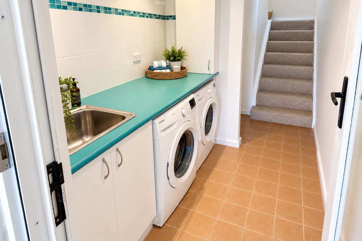 Enjoy the convenience of a private laundry complete with a washer, dryer and full-size sink. The spacious countertop provides plenty of room for sorting and folding clothes.