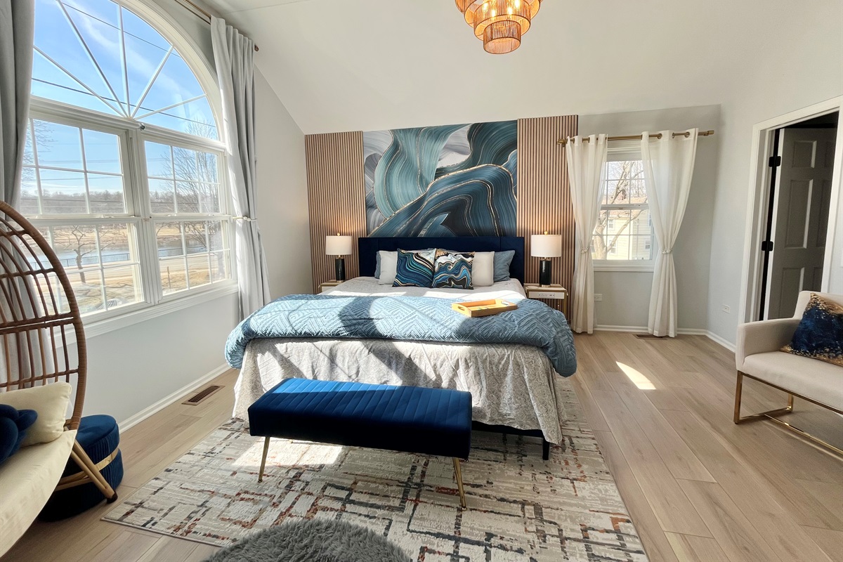 Master suite with Fox River View, Cathedral Ceiling and walking in closet. 