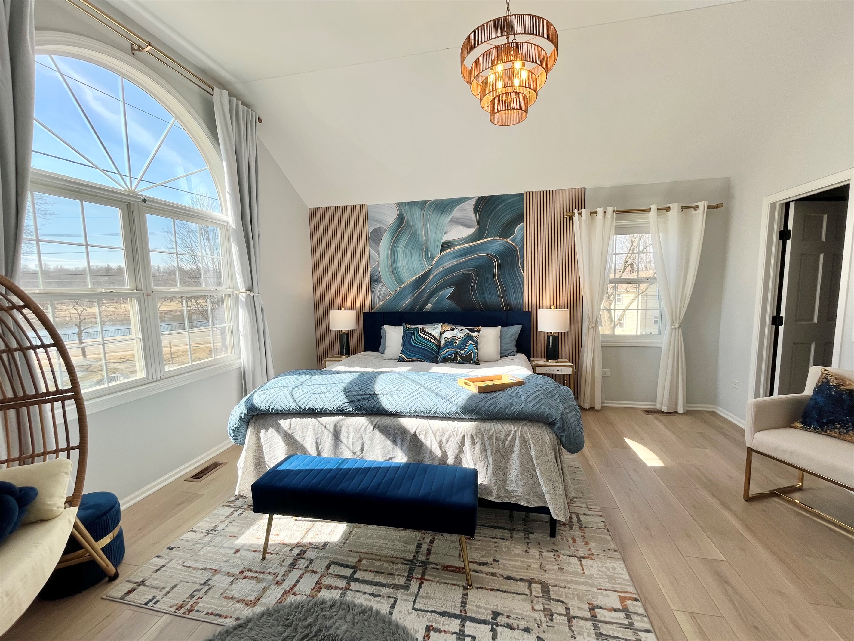 Master suite with Fox River View, Cathedral Ceiling and walking in closet. 