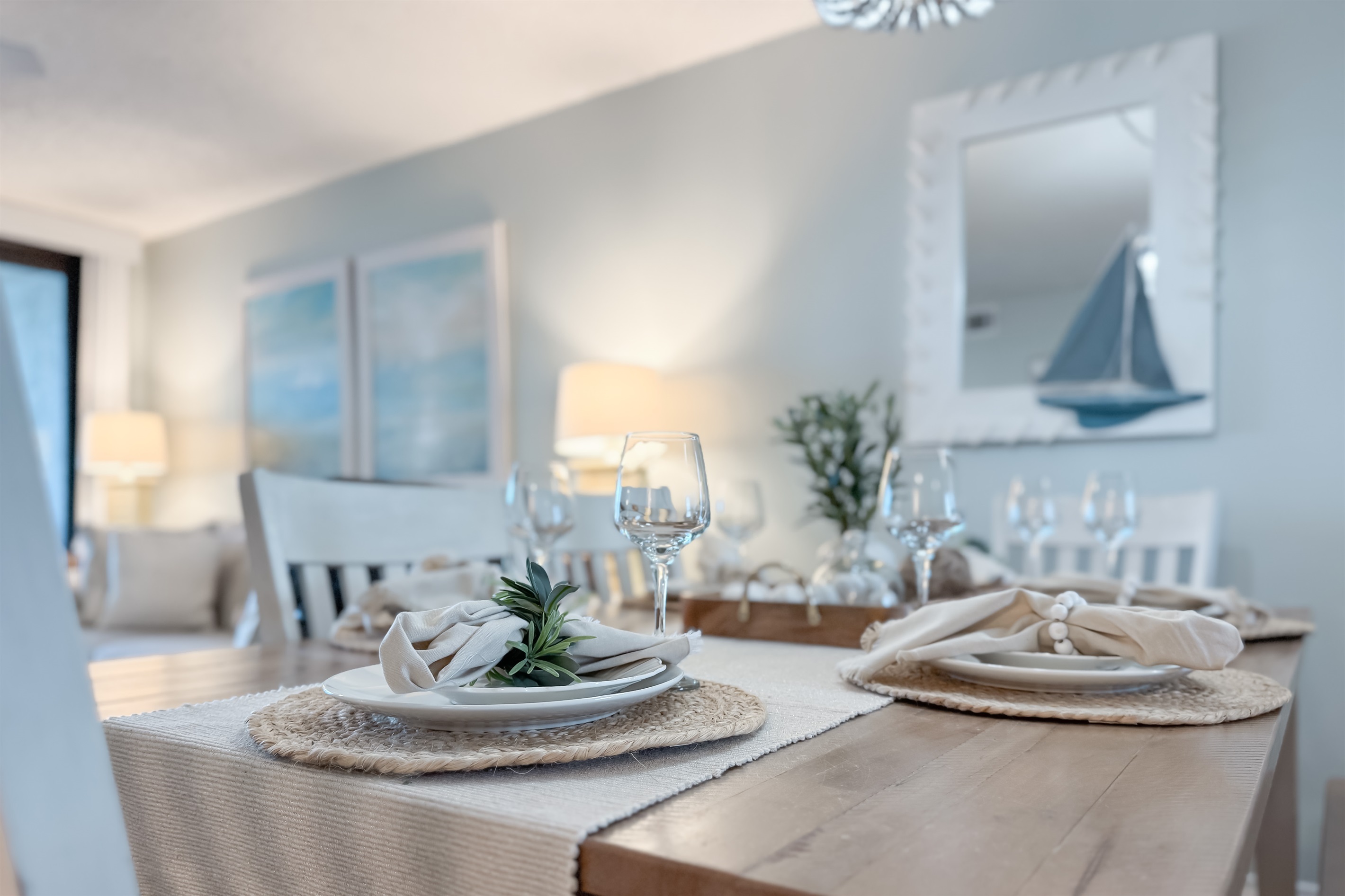 Coastal elegance meets relaxed dining in this inviting space.