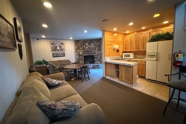 Clubhouse Living area with wood fireplace and kitchenette. Perfect for hanging-out!
