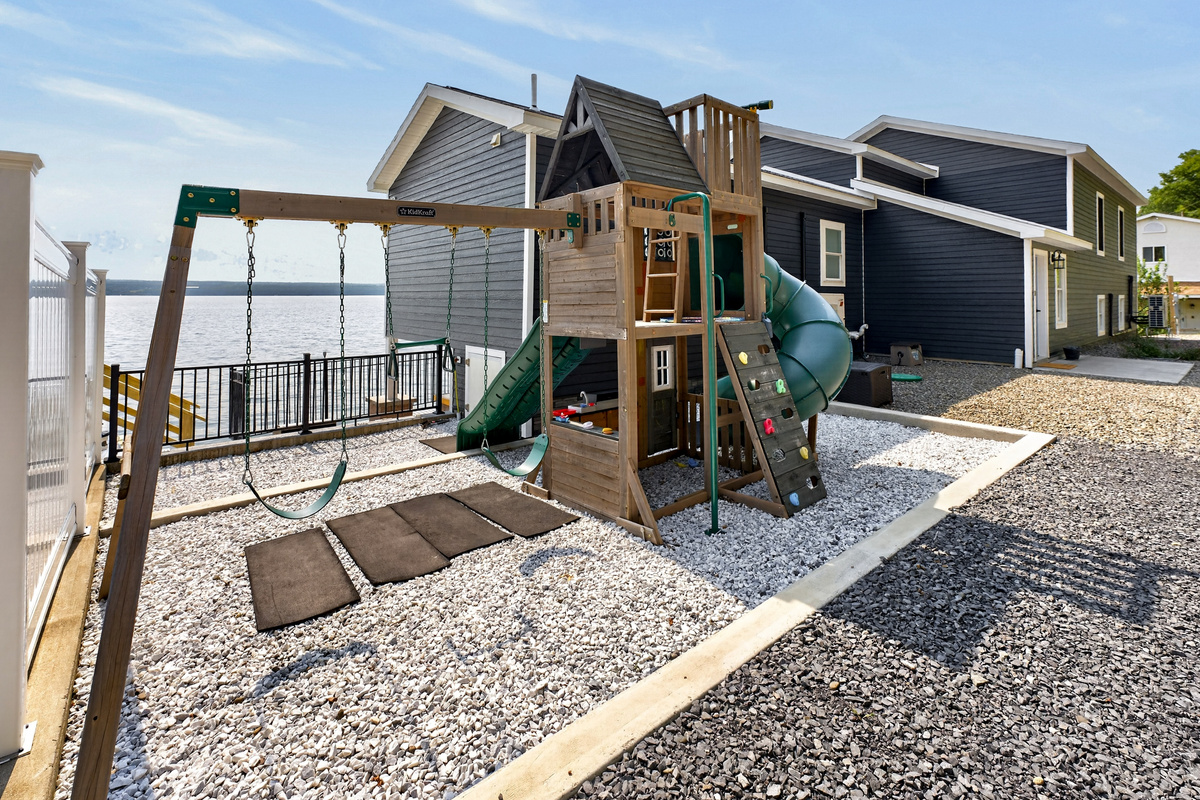 Gravel play area beside the house