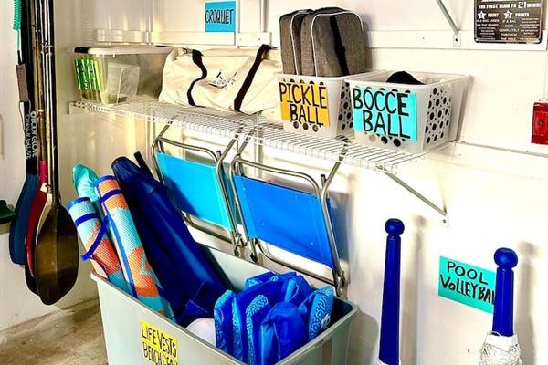 A variety of games, life vests, kayak paddles, & more. 2 bikes stored in shed outside the house for your enjoyment