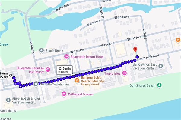 Our condo is walking distance to some local restaurants. The highlighted route is to Lauria's By the Beach. They serve breakfast lunch and dinner. Also note on the map Bahama Bobs Beach side Cafe and a little east of Lauria's, The Catch.