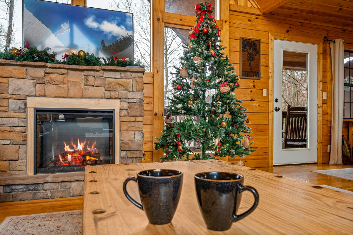 A beautifully decorated upstairs living room, perfect for cozy Christmas gatherings and relaxing holiday nights.