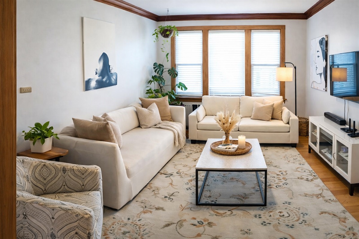 Sun-filled living room with spacious seating, large windows, and a relaxed layout ideal for unwinding after exploring Chicago.