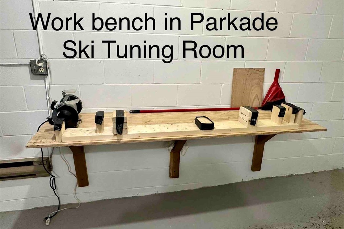 Work bench in Parkade Ski tuning room.  Garage key required for access. 
Our guests are welcome to use this room during their stay providing they  return the room as clean as they found it.  (ie: sweep up ski wax etc) 
