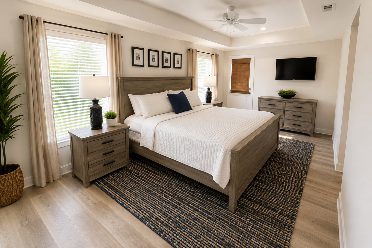 End beach days in the king bedroom's calm — a tray ceiling overhead, a ceiling fan spinning slow, your own TV, and a dresser for actually unpacking. Tomorrow's sandcastles can wait until you're good and ready.