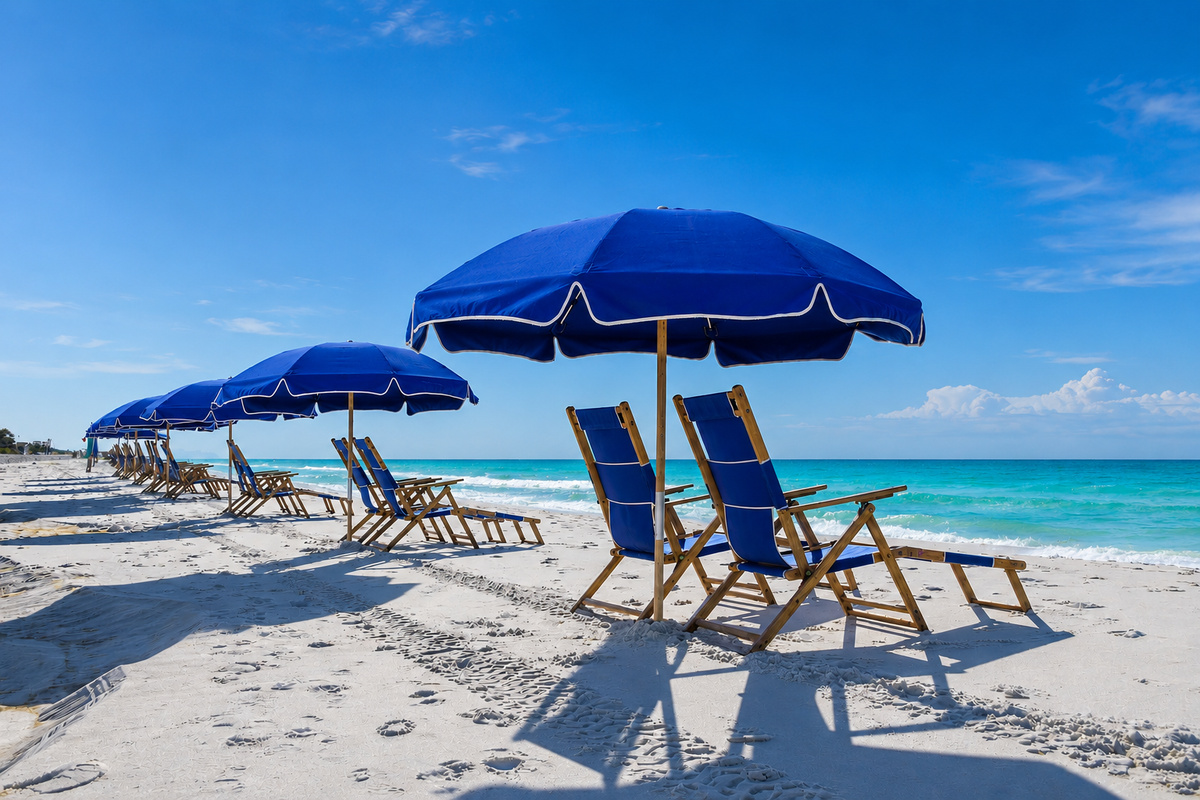 White sand and Gulf waters directly in front of the beachfront building.
