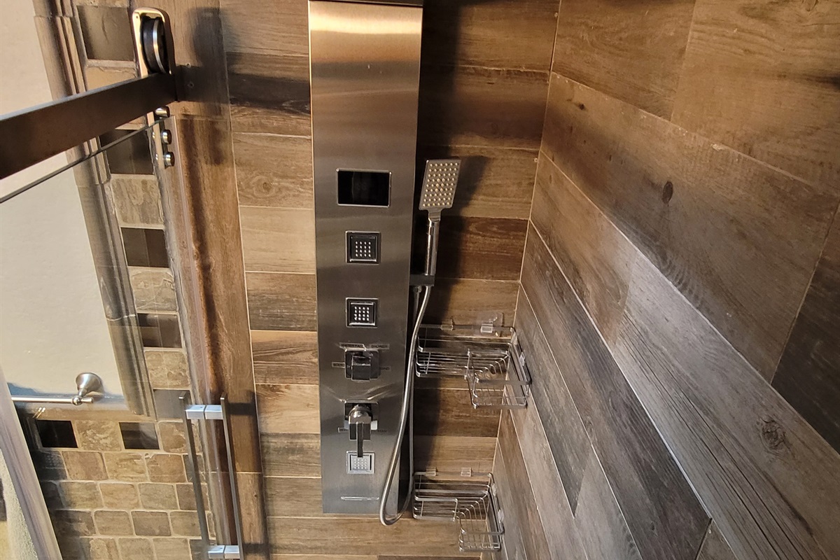 Guest Bath: Waterfall shower with body jets, blue light therapy, and hand held shower wand