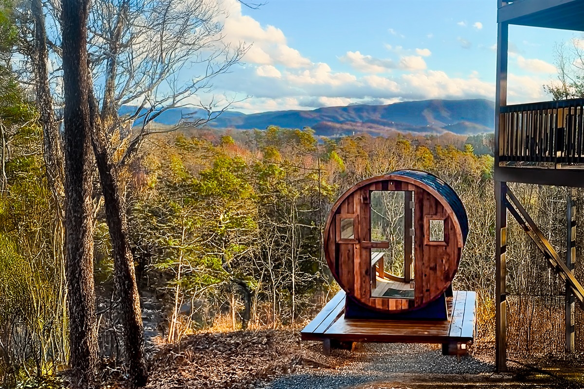 Get STEAMY in our premium, glass wall barrel sauna! Relax, reinvigorate and take in stunning, all-season mountain views of The Smokies!