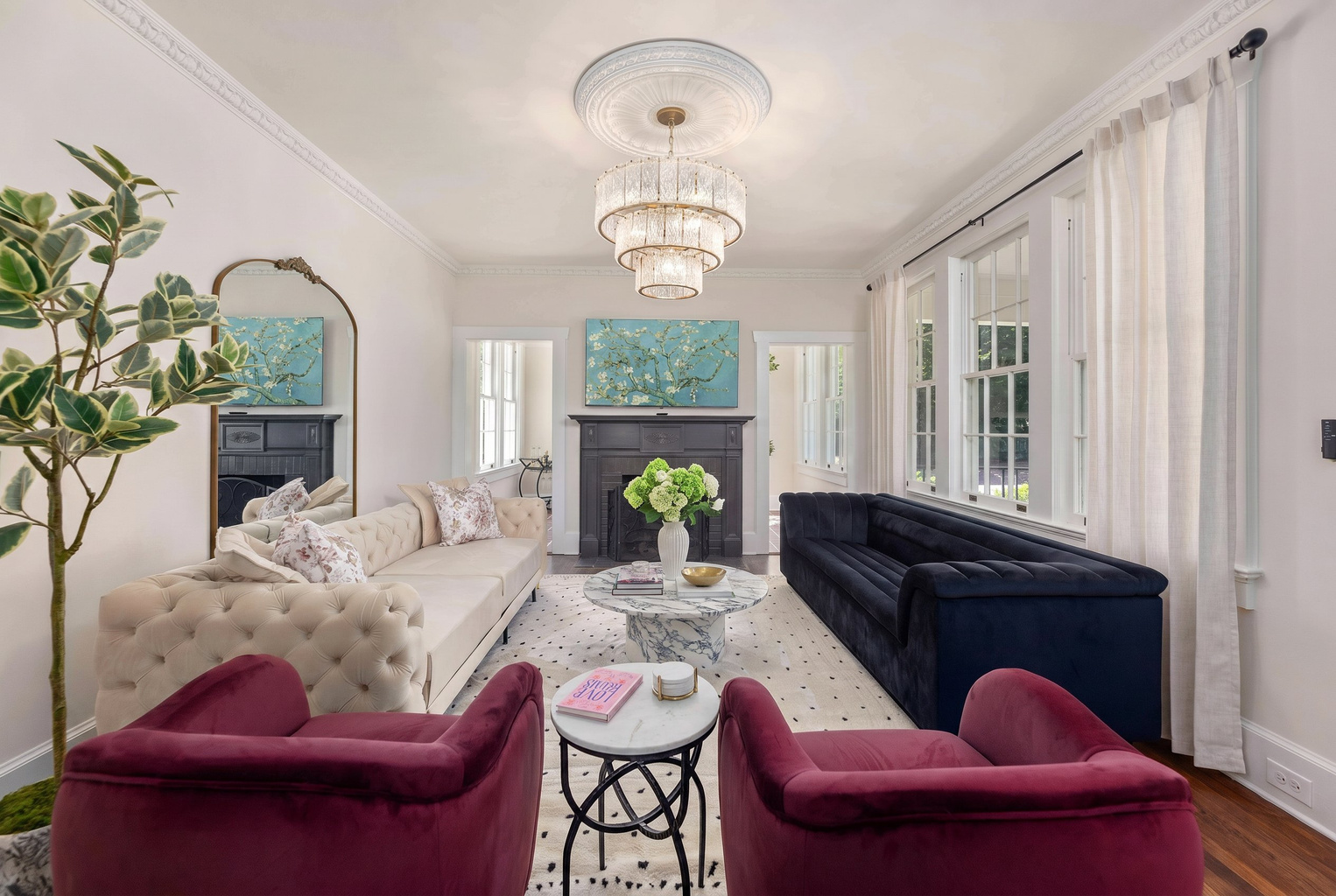 Enjoy this light and airy living room with comfortable plush velvet seating.