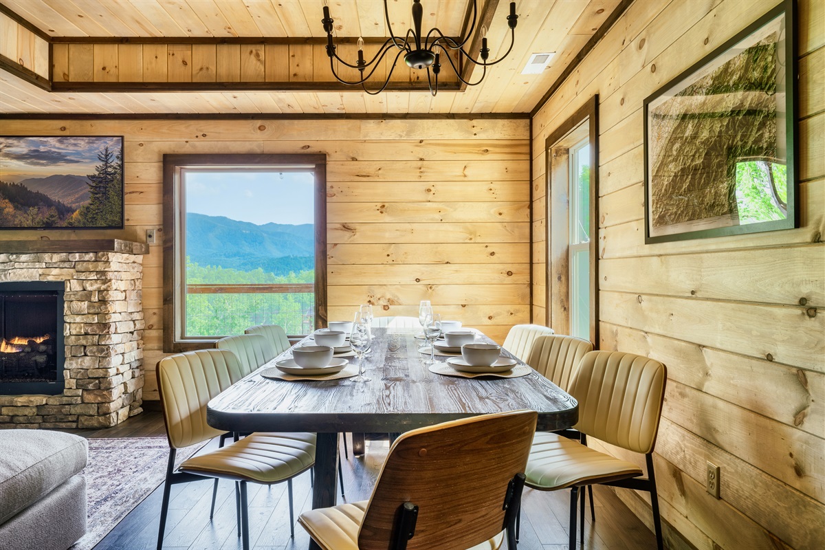 Take in the beautiful mountain view from the upscale 8-person dining table