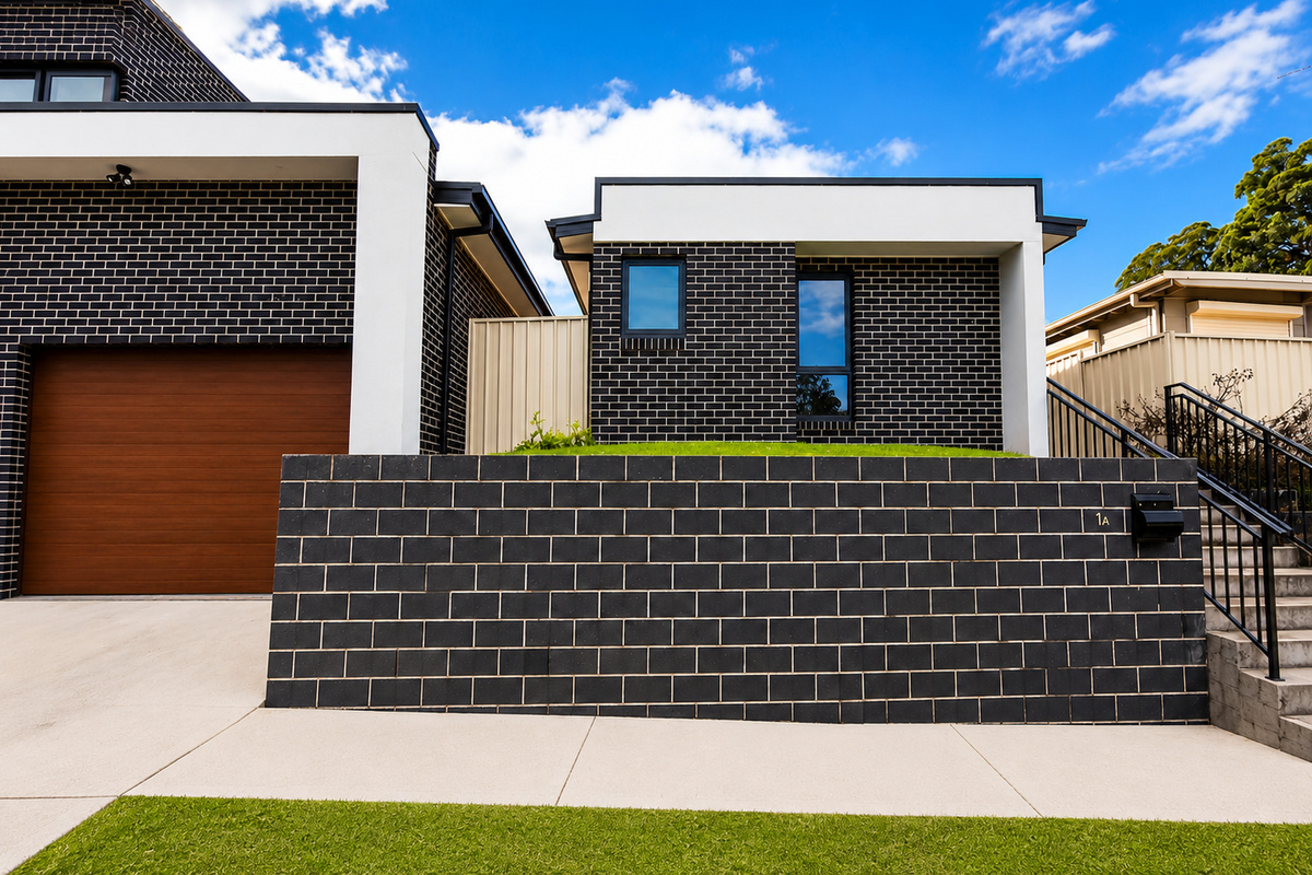 The bold black brick façade and crisp white framing create a strong first impression from the street.