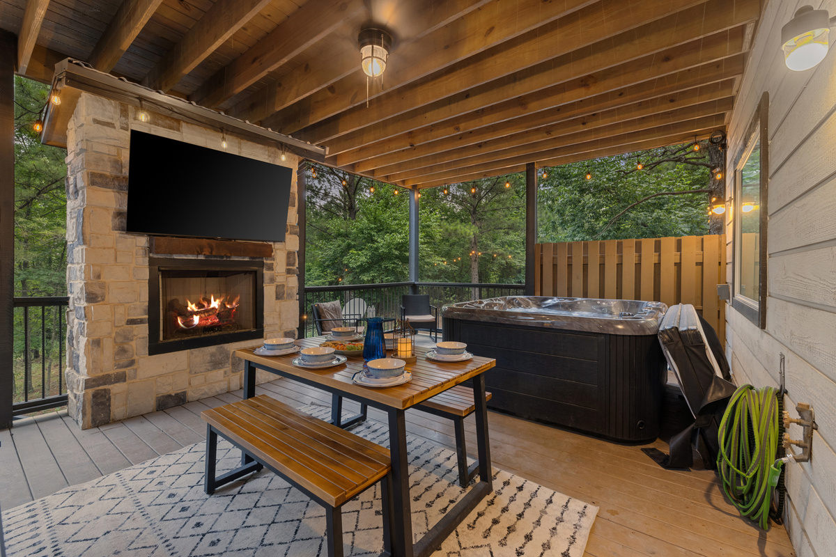 Hot tub nights with a fireplace crackling just steps away. 
Soak under the covered deck, breathe in the pine air, and let the kind of relaxation you came for finally settle in.