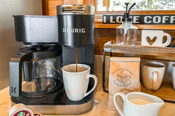 Make yourself a cup of local coffee to sip fireside or taking in the views on the porch.