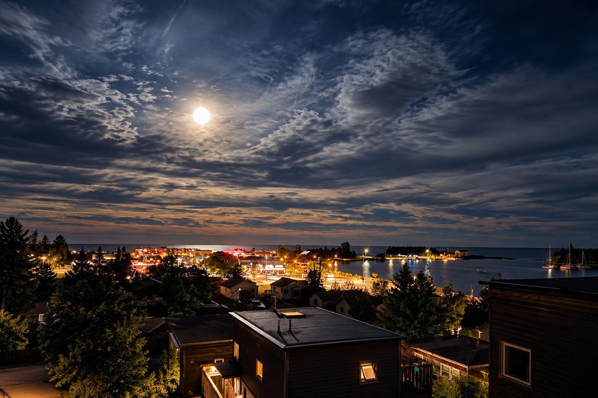 Aurora in the foreground. Grand Marais at night under a full moon. Harbor to the right.