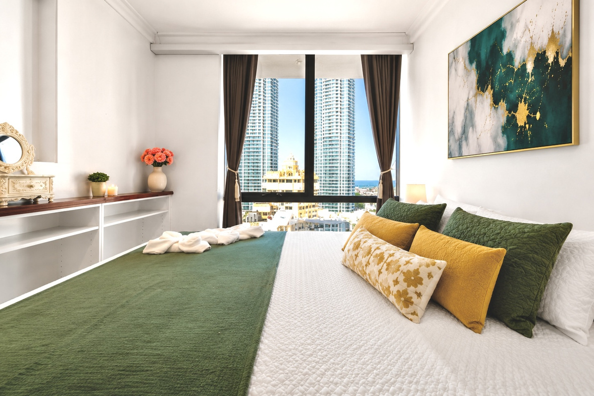 This bright bedroom at Robin’s Oceanview Penthouse combines generous bed space, built-in storage and an elevated window outlook across Surfers Paradise.