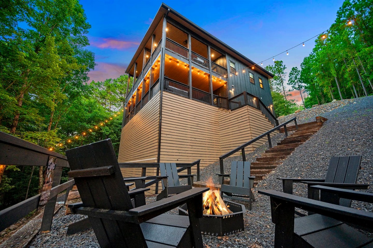Fire pit area looking back at the Honeycomb Hideout at dusk.