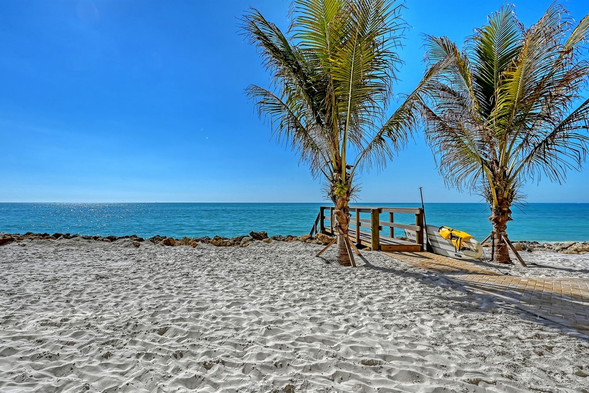 Private beach & walkway with new Palms and Boardwalk to the Gulf. 