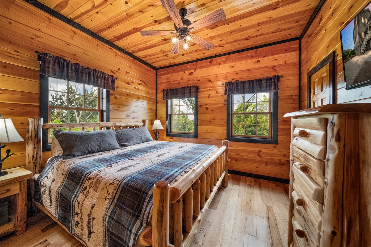 Each bedroom has a king mattress from the Bellagio Hotel Collection, large closet, large T/V, 2 night stands and views out every window.